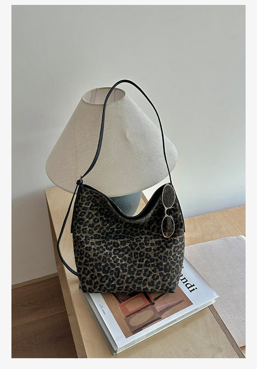 Denim with top layer cowhide leopard print bucket bag, crossbody tote bag, women's large capacity high-end shoulder bag