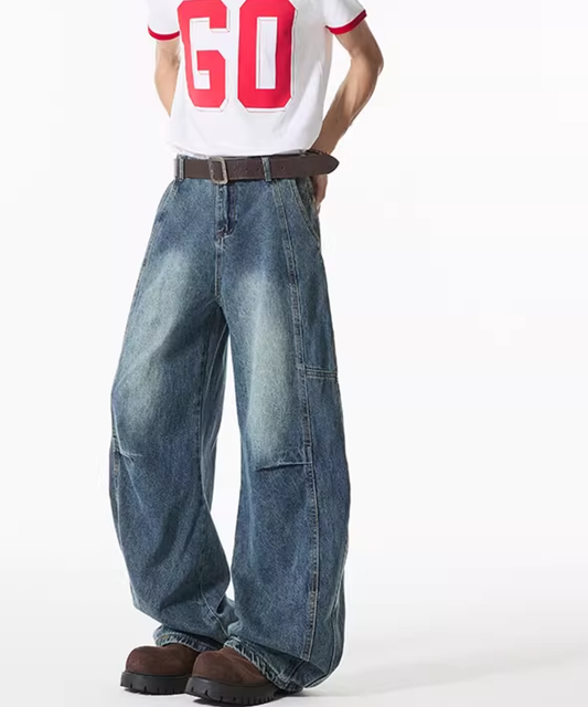 Men's Deconstructed Wide-Leg Jeans - Arc-Cut Hem (Vintage Blue Wash)