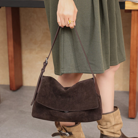 Real leather women's bag, retro crossbody bag, versatile for commuting, frosted suede large capacity single shoulder armpit bag