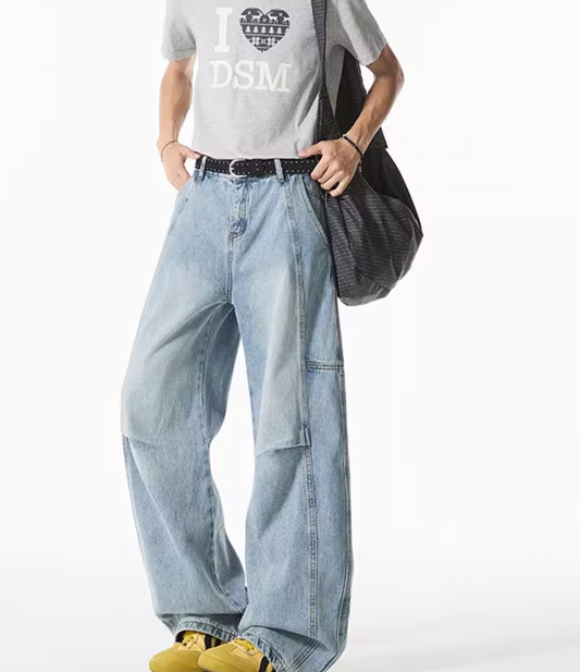 Men's Deconstructed Wide-Leg Jeans - Arc-Cut Hem (Vintage Blue Wash)
